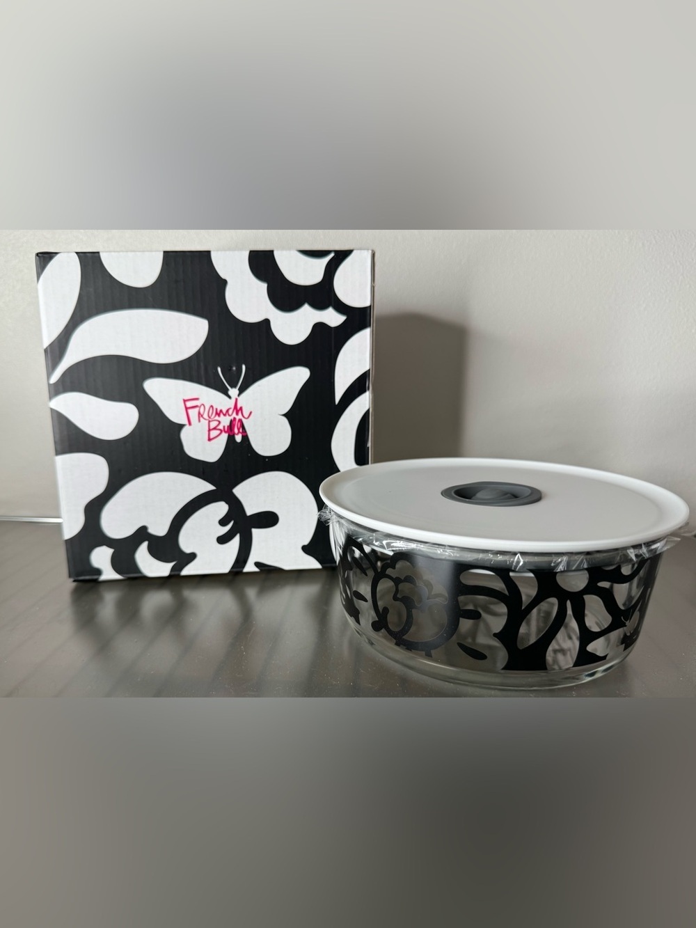 French Bull air tight Glass Storage Bowl with Lid - Black & White Floral pattern